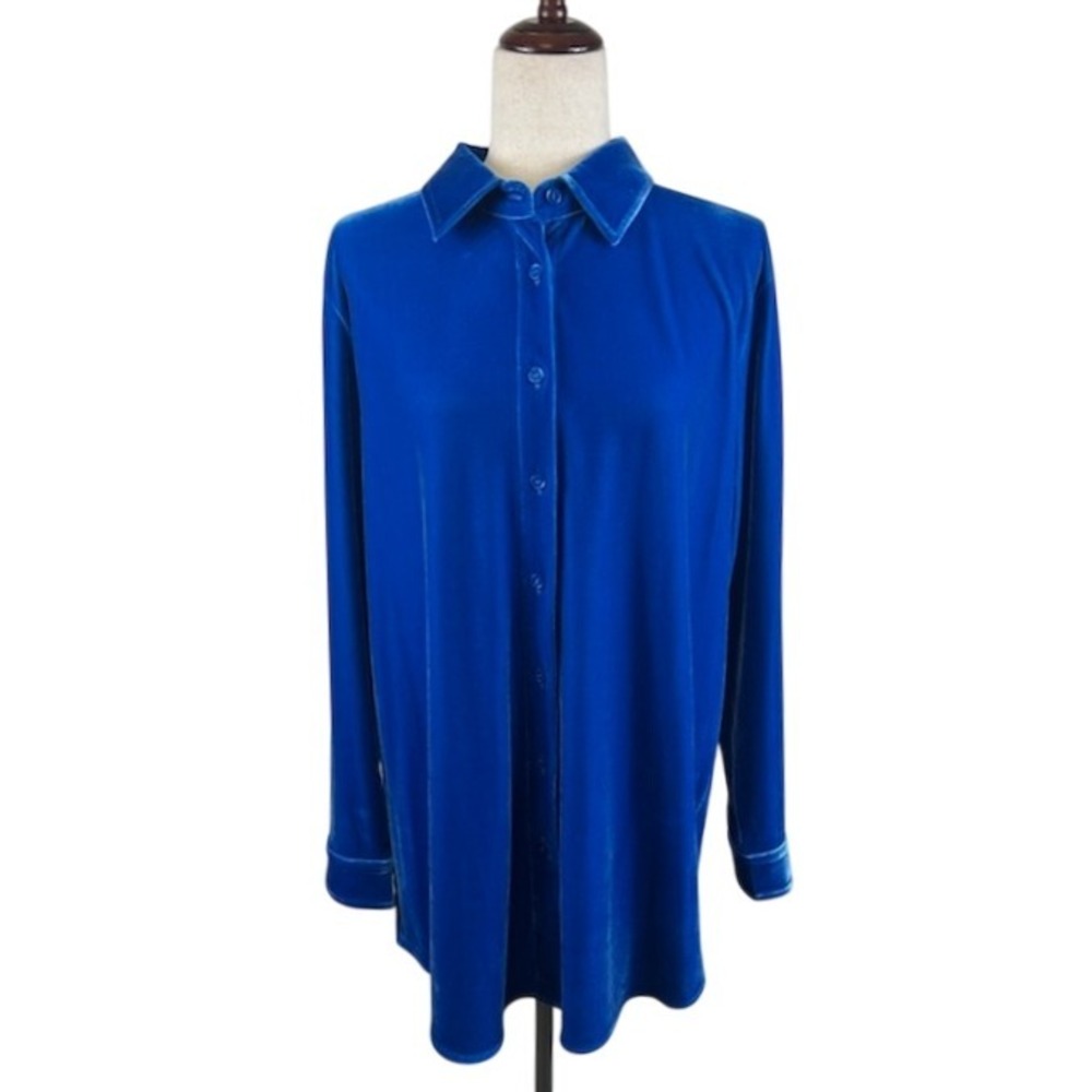 NWOT Soft Surroundings Blue Velvet Long Button Up Blouse Top Shirt‎ Size Large